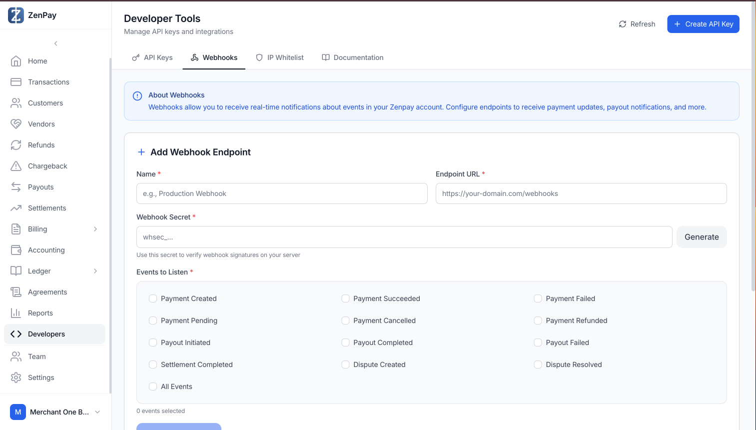 Webhook configuration page